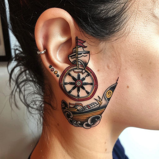 Ear tattoos in Sailor Jerry style with a ship's wheel