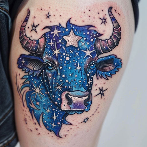 Cosmic cow tattoo, stars and galaxies, blues and purples