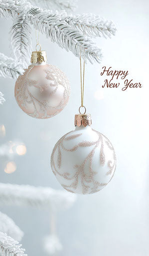 White and gold Christmas tree ornaments, blurred background