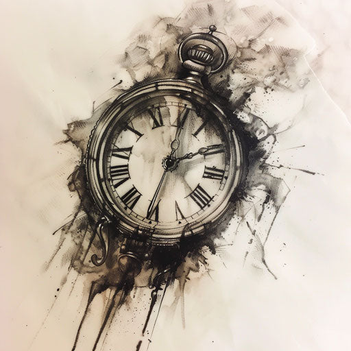 Vintage clock tattoo concept with roman numerals on white surface