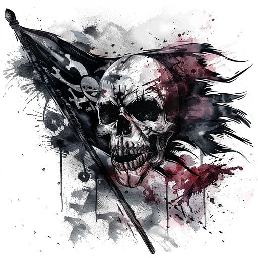 Stylish flat tattoo sketch with watercolor effects on torn black flag