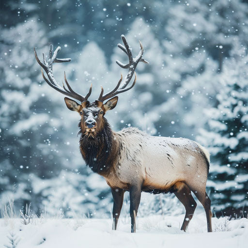 Snowy scene with elk standing against winter chill