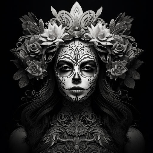 The skull girl, detailed monochrome style, Mexican folklore gray