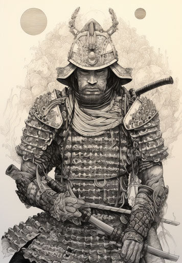 Tattooed samurai warrior, in the style of pointillist stippling
