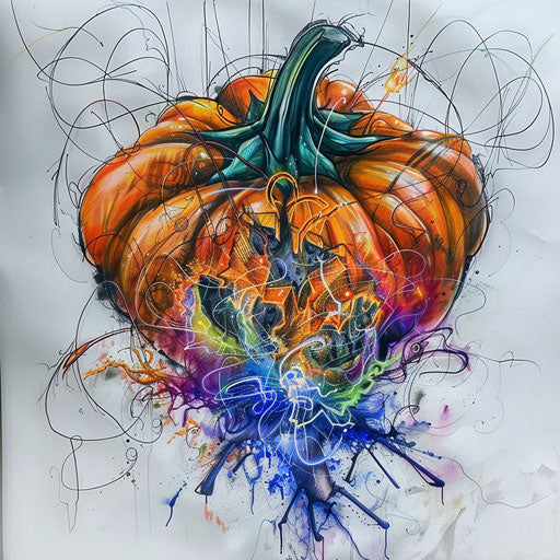 Dynamic tattoo sketch of a pumpkin exploding with energy lines in a vivid color mix