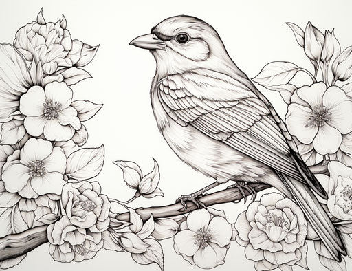 Black and white coloring book with bird, flowers, leaves