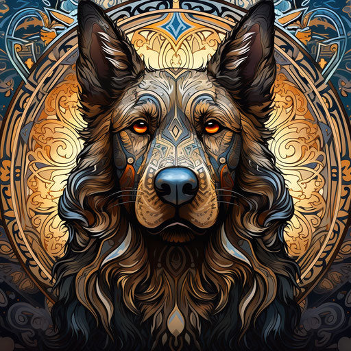 Dog with inlaid designs of hearts and stars, adult coloring book