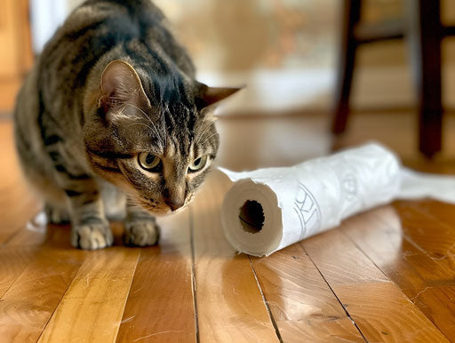 A cat on a wooden floor looking into a paper towel roll