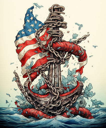 American flag on anchor, twisted characters style