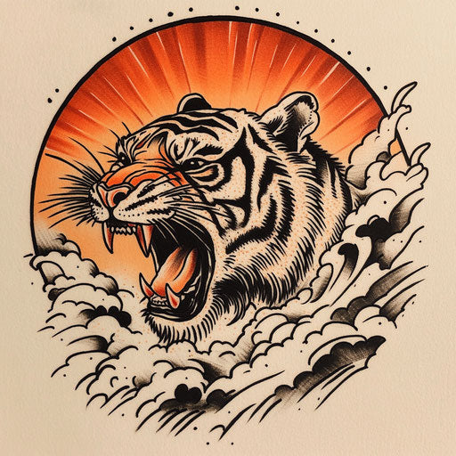 Japanese tiger tattoo with rising sun and roaring