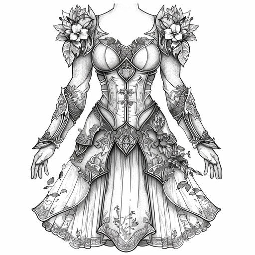 Fantasy elf dress with medieval designs and nature-inspired elements.