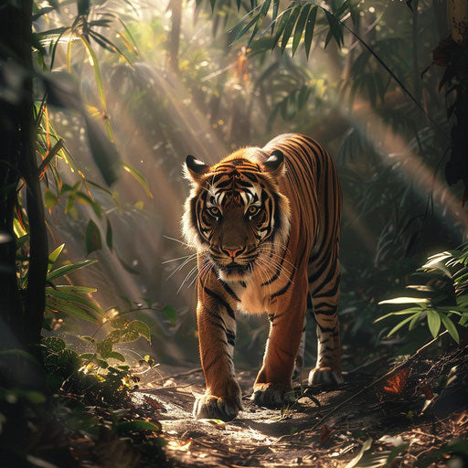 Sumatran tiger walking in jungle with sunlight rays