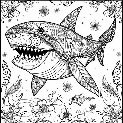 Whimsical shark with floral patterns in coloring book style