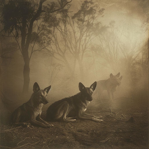 Dingoes in an ethereal sepia scene