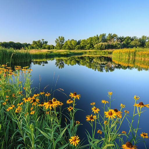 Serene pond surrounded by yellow coneflowers reflecting in water