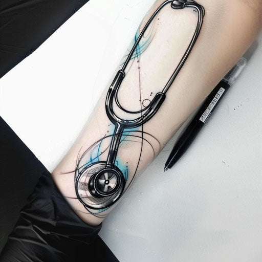 Minimalist flat tattoo sketch of a glossy black stethoscope
