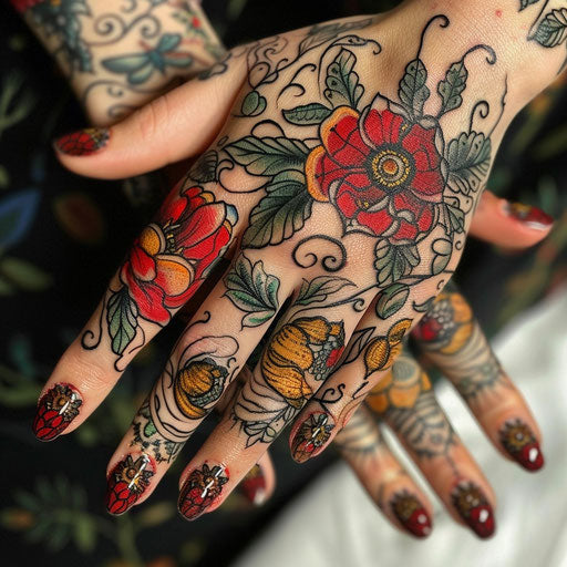 Finger tattoos for women in the style of Maria Sibylla Merian with floral designs