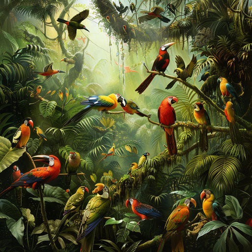 Tropical birds in the rainforest