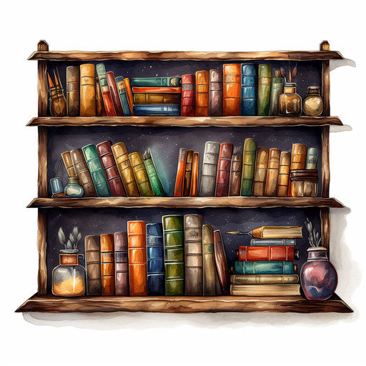 Bookshelf clipart in the style of Oil painting on white background