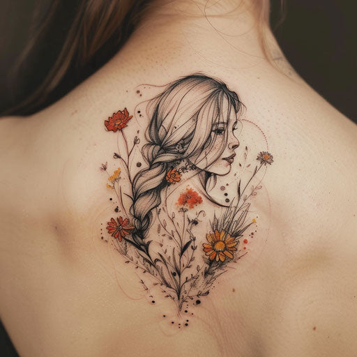 Elegant flat tattoo sketch of Freya in a field of wildflowers