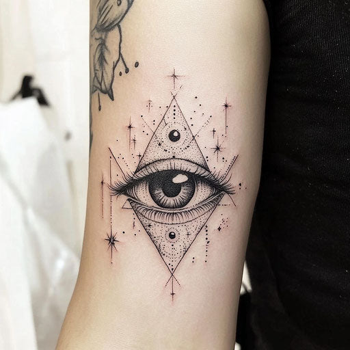 Inner elbow tattoo with mystical eye and stars sketch