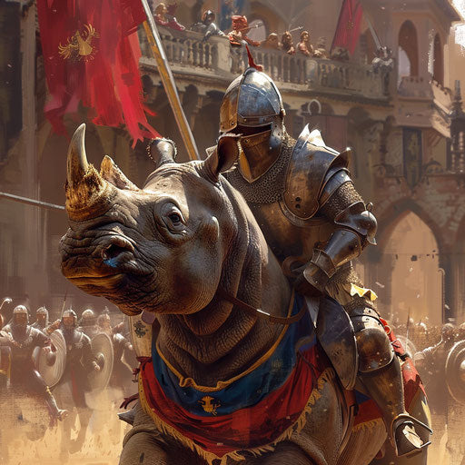 Rhino noble jousting in tournament before medieval crowd
