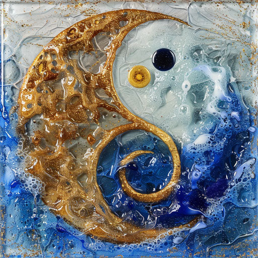 Yin and yang in blue and gold glass with white background