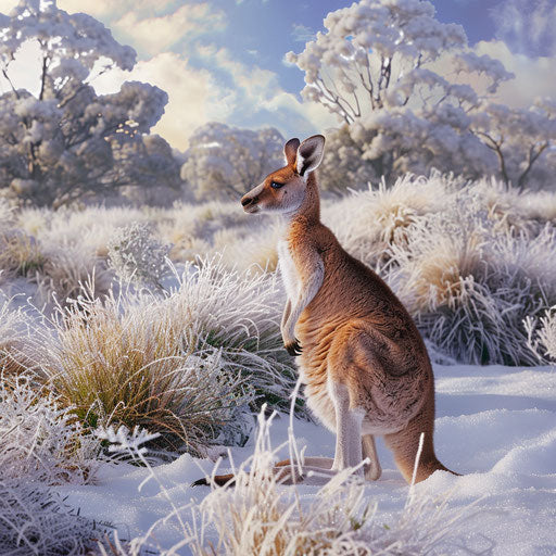Red kangaroo in a snowy Australian landscape, with frosted details