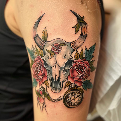 Vintage bull skull tattoo with roses and clock