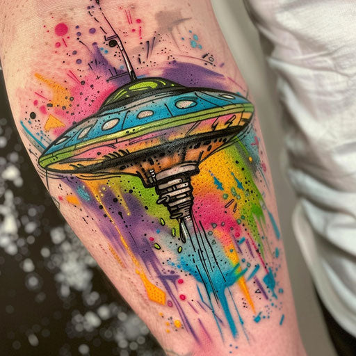 Graffiti-style UFO tattoo, colorful alien spaceship