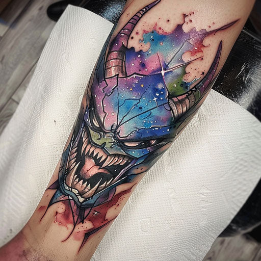 Galaxy-themed devil tattoo on white canvas