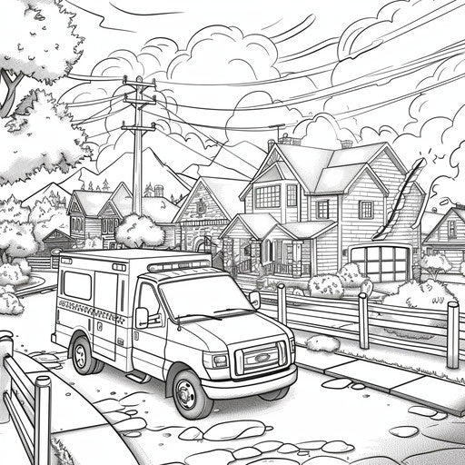 Ambulance driving through neighborhood with kids waving. Coloring book page