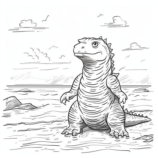 Cute Godzilla by the sea - Coloring book page