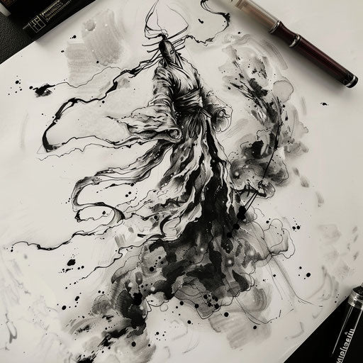 Dynamic flat tattoo sketch of a shinigami descending from a cloud of ink