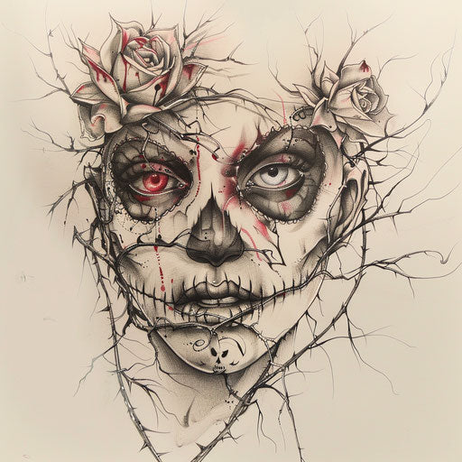 Sugar skull with roses and thorns intertwined around the eye sockets