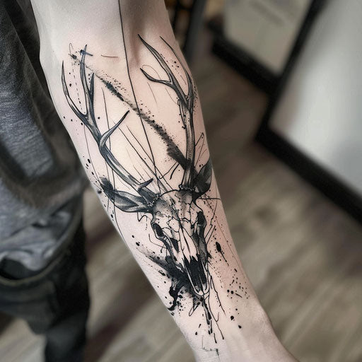 Abstract deer skull tattoo with splattered ink, black and gray