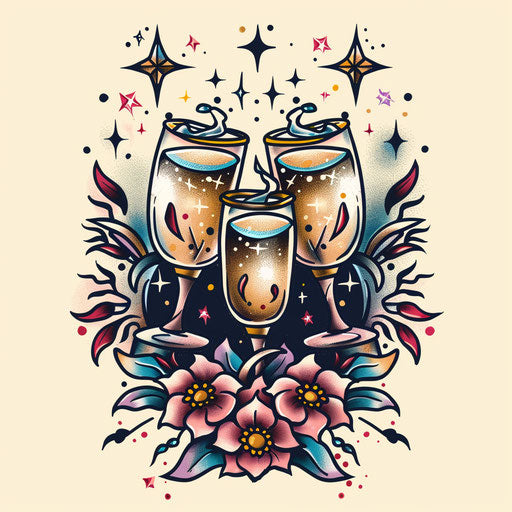 Vibrant flat tattoo sketch of a wedding toast with sparkling glasses