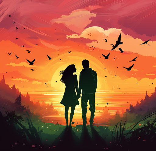 Couple in love at sunset with birds and hearts silhouettes