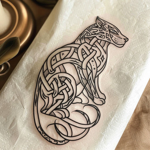 Celtic knotwork panther tattoo on white parchment