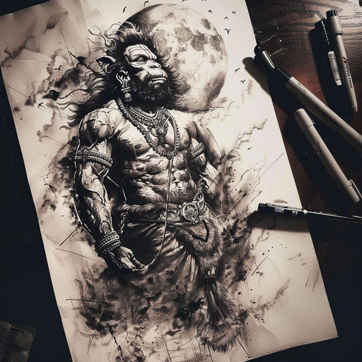 Gothic flat tattoo sketch of Hanuman with a dark, moonlit sky