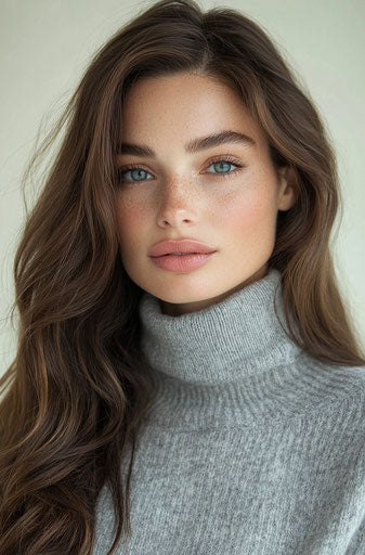 Beautiful woman in grey sweater, brown hair, blue eyes Canon EOS R5