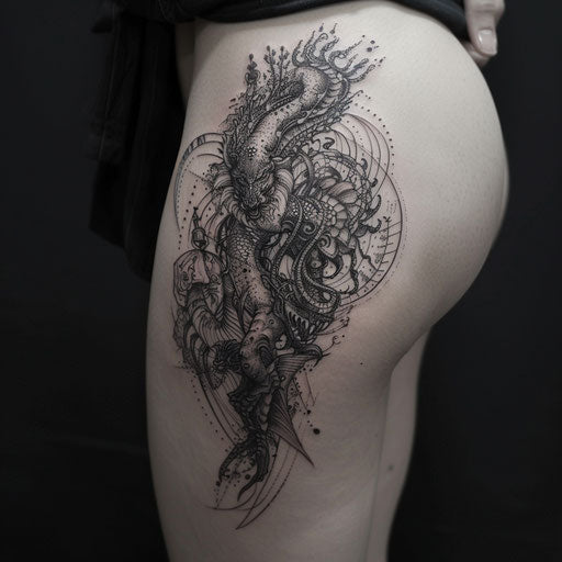 Thigh tattoo depicting mythological creatures