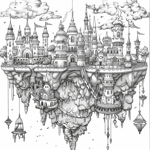 Whimsical city with floating islands connected by bridges