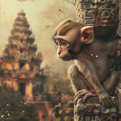 Cute monkey exploring ancient ruins