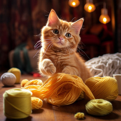 Ginger cat playing with yarn