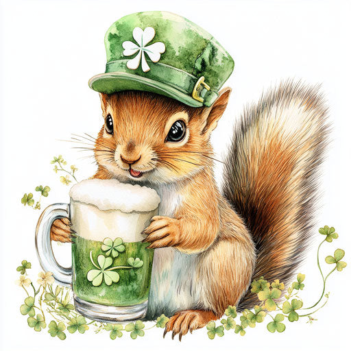 St. Patrick's Day, cute baby squirrel with green hat and beer mug clipart