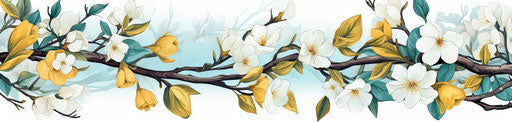 White drawing with white flowers, hand-coloring style, twisted branches, teal and yellow, decorative borders, scientific illustrations, applecore 38:9