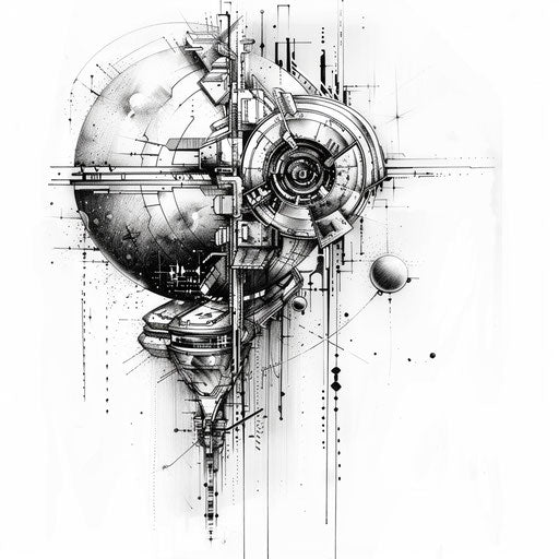 Futuristic tattoo sketch of a space station orbiting a planet in metallic gray