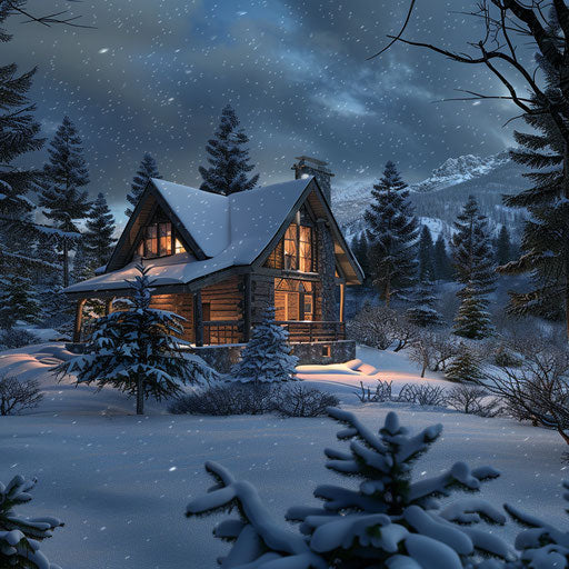 Cozy cabin in snowy night landscape