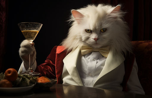 The white fluffy cat on top of a glass, exaggerated features